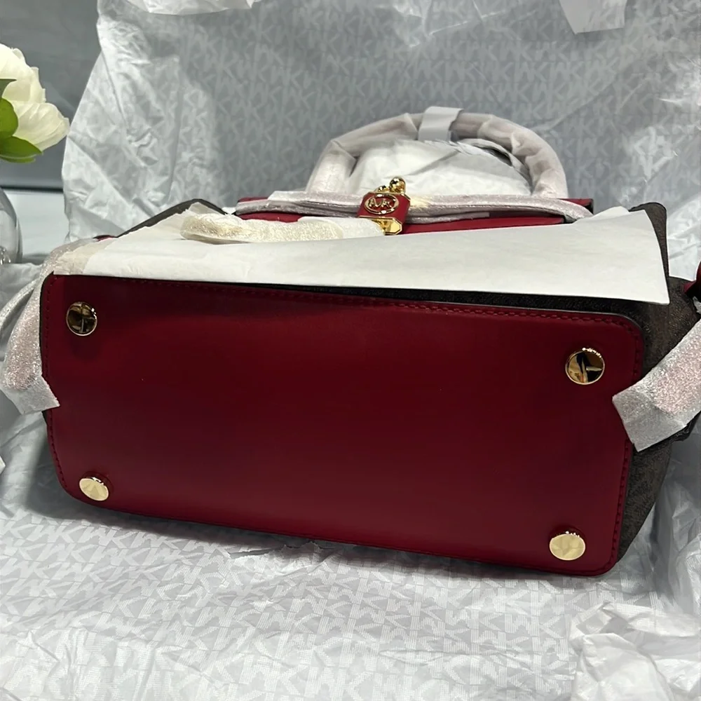 NWT - Michael Kors Hamilton Legacy Sm Logo Belted Satchel, Crimson/Brown - Picture 7 of 11